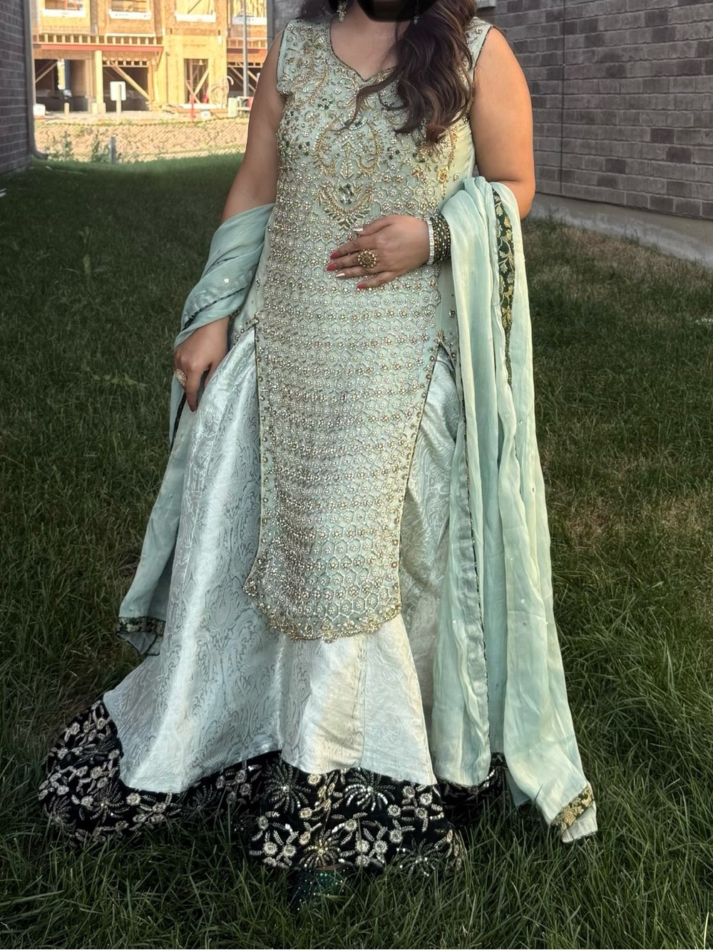 Embellished Mint Green Women's Dress with Dupatta